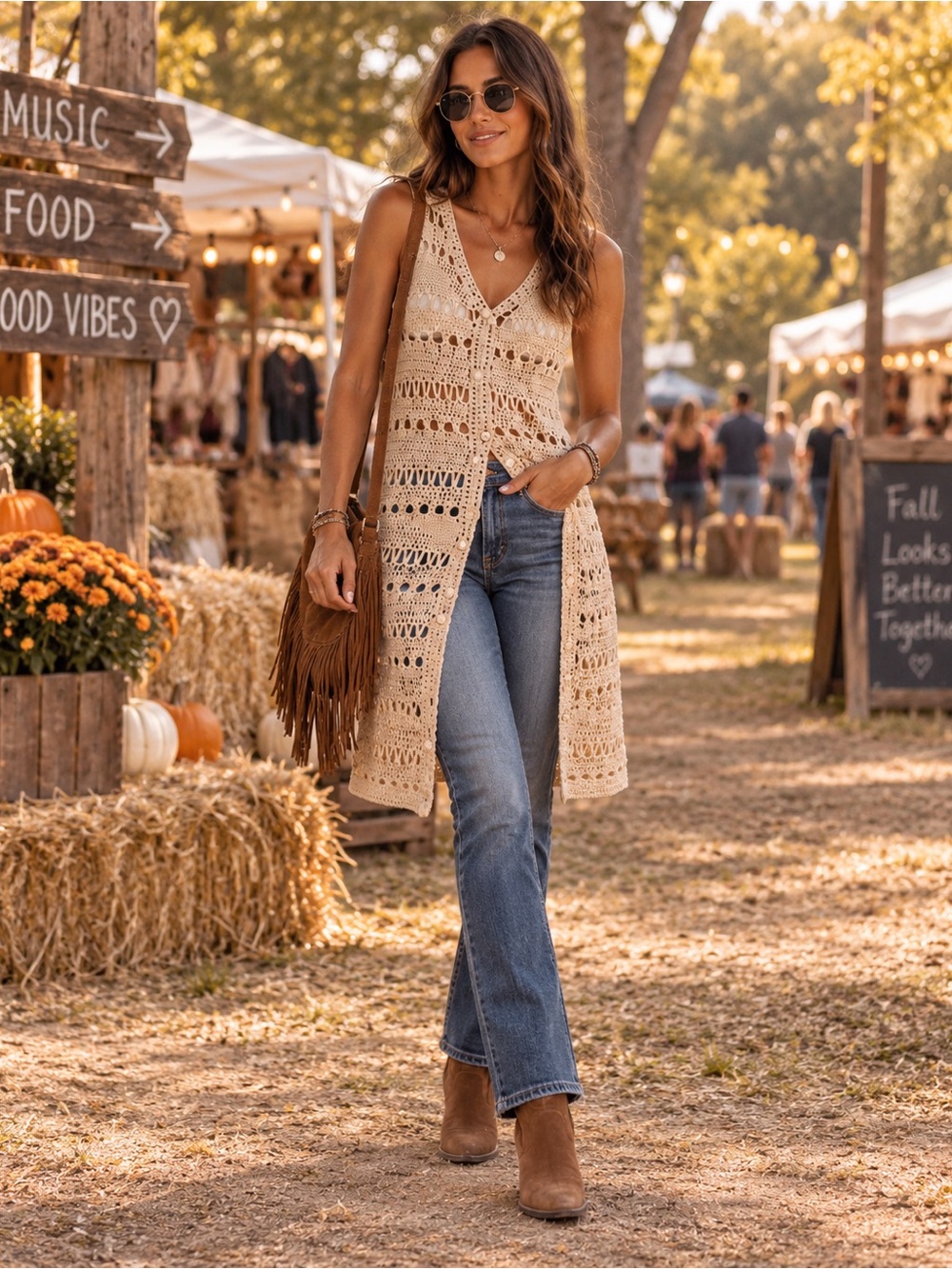 Revolve Line & Dot Crochet Button Front Roxie Dress Vest‎ Boho Festival Cream S